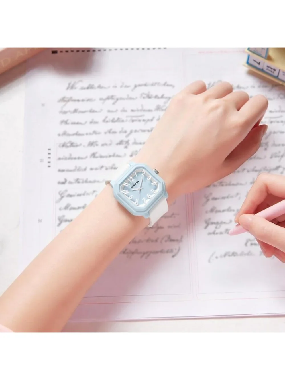 Women’s Blue White Big Arabic Numbers Silicone Strap Analog Square Wrist Watch